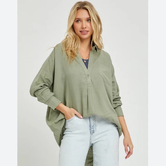 Risen Los Angeles Tops - Risen,Oversized Viscous/Linen Blend,Buttoned Shirt,Roll & Button Sleeve,Size 2X